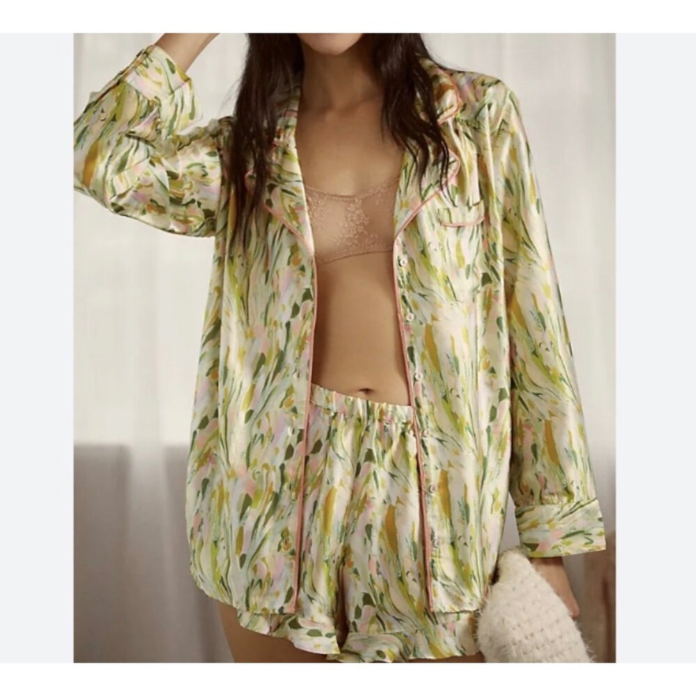 Anthropologie Satin Marble Pajama Set Womens Green Pink  XXS/S Sleepwear